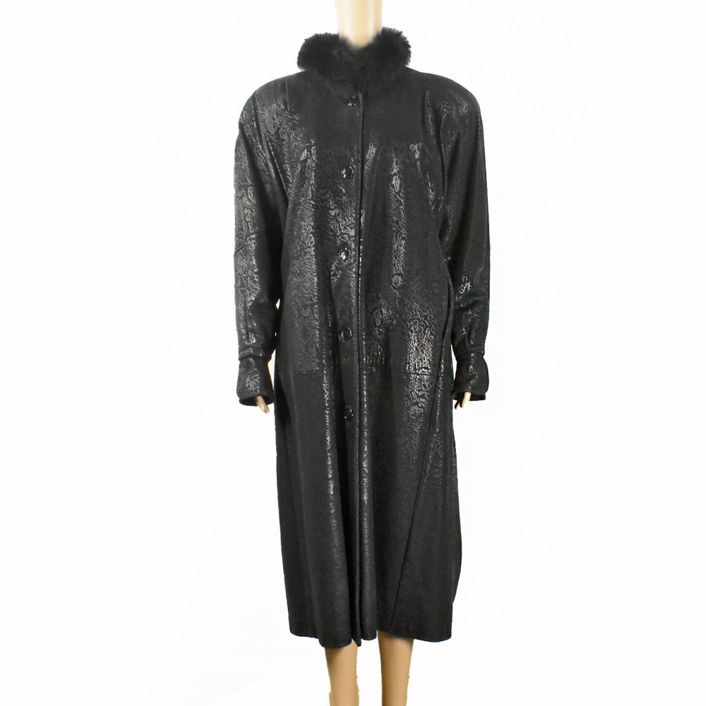 Vintage Dita Martin Fur Trim Leopard Animal Print Embossed Leather Jacket Coat